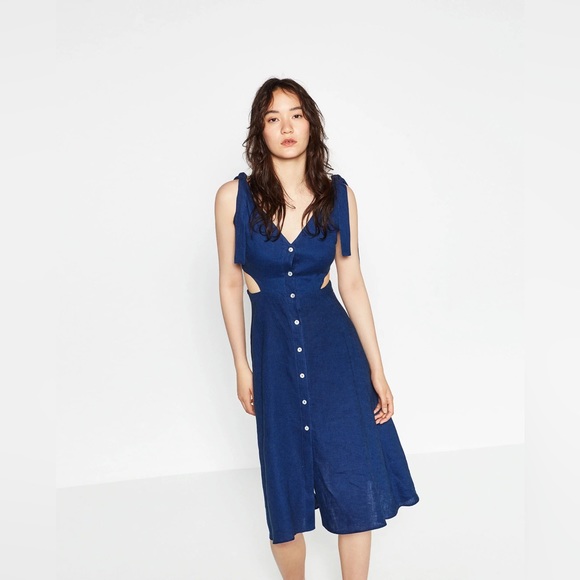 Zara Dresses & Skirts - Zara Linen Blue Cut out dress in blue